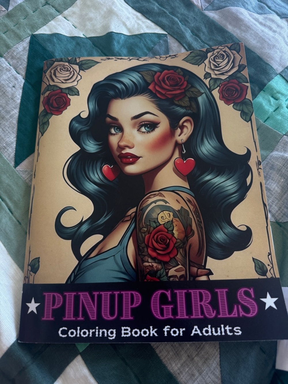 Pinup Girls Coloring Book for Adults - Teal Hair, Red Roses